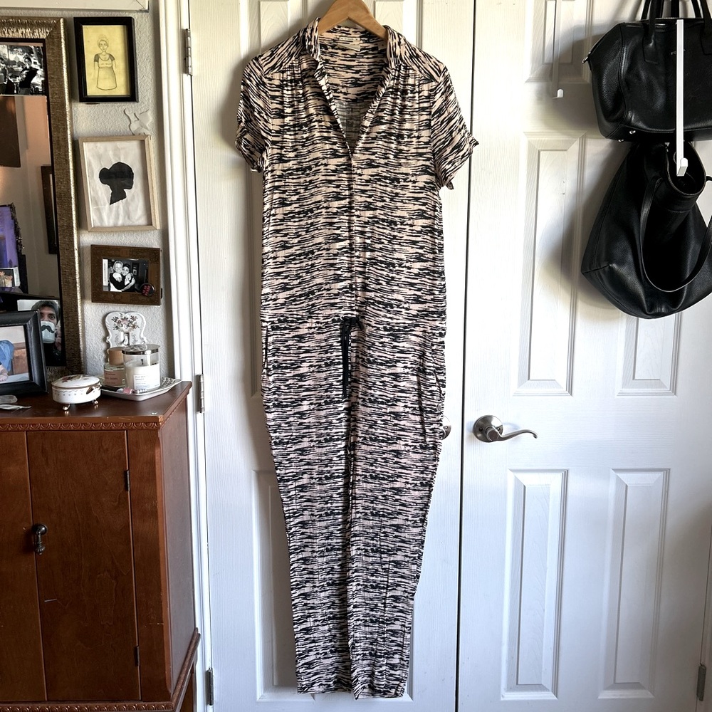 Scotch and Soda pink & black tiger stripe button down short sleeve jumpsuit